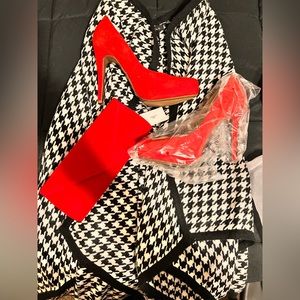 Bundle! Houndstooth Cape, red velvet clutch, red Jessica Simpson heels- size 10